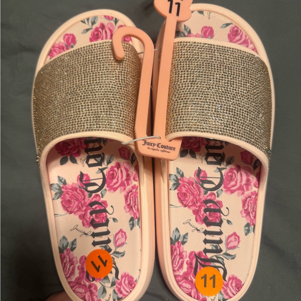 Juicy Couture Glitter Slippers - Gold and Pink Floral